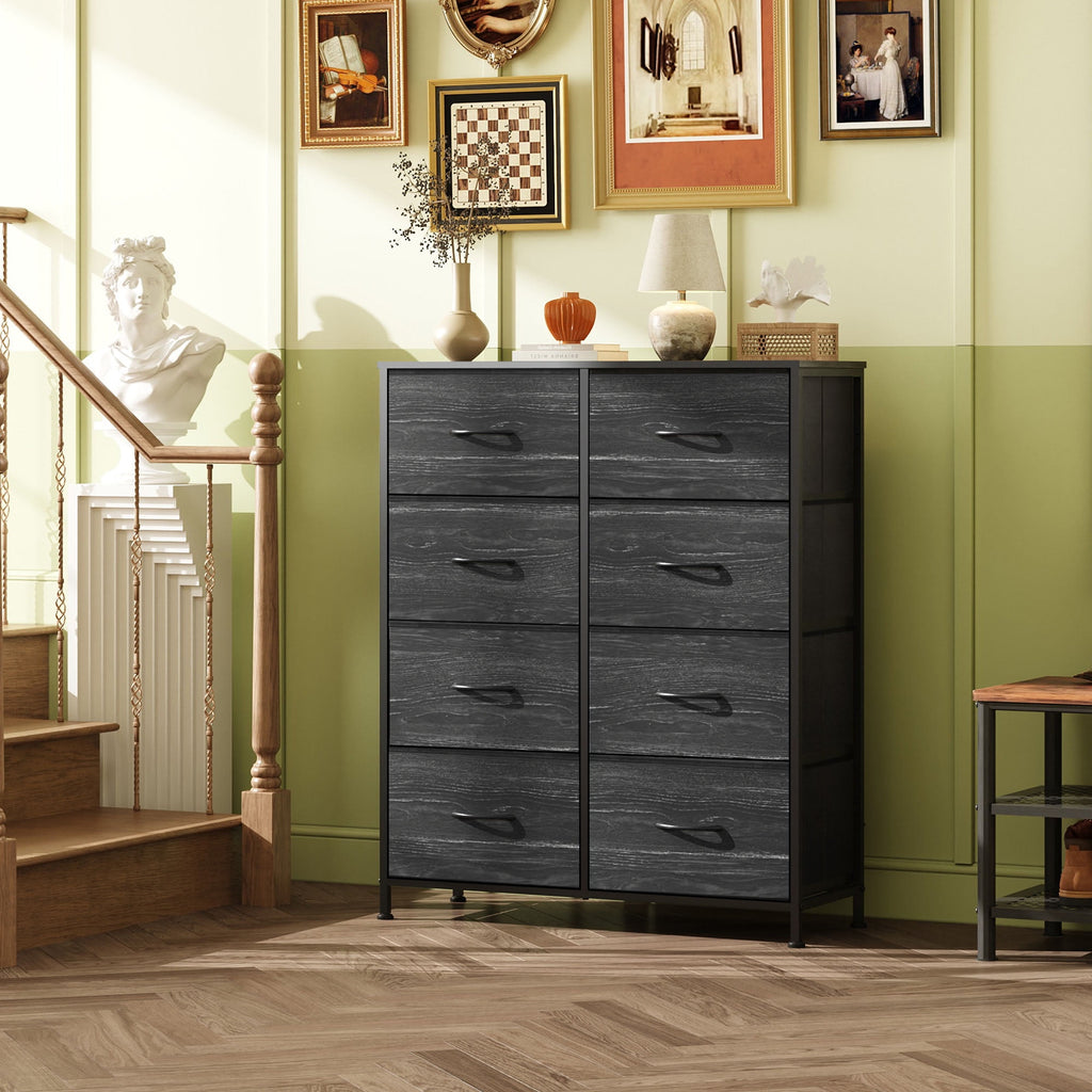 GALAXHERO Tall 8-Drawer Fabric Dresser, Double Storage Tower with Bins, Chest of Drawers for Bedroom, Closet, Living Room, Hallway, Charcoal Black Wood Grain Print