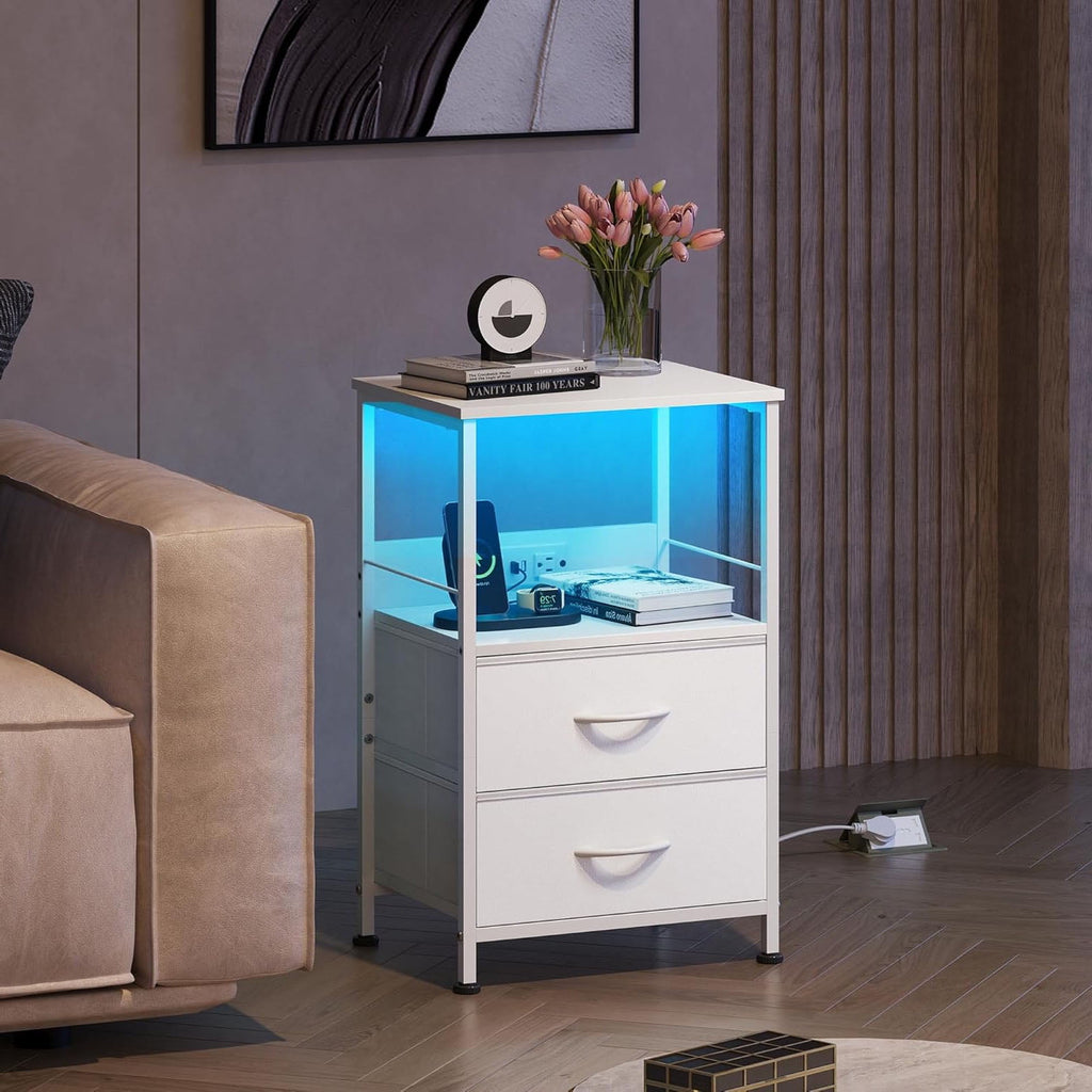 GALAXHERO Nightstand with Charging Station, LED Light, 2 Fabric Drawers, Storage Shelf, 3 USB Ports and 2 AC Outlets Bedside Table for Bedroom, Small End Table, Compact Size
