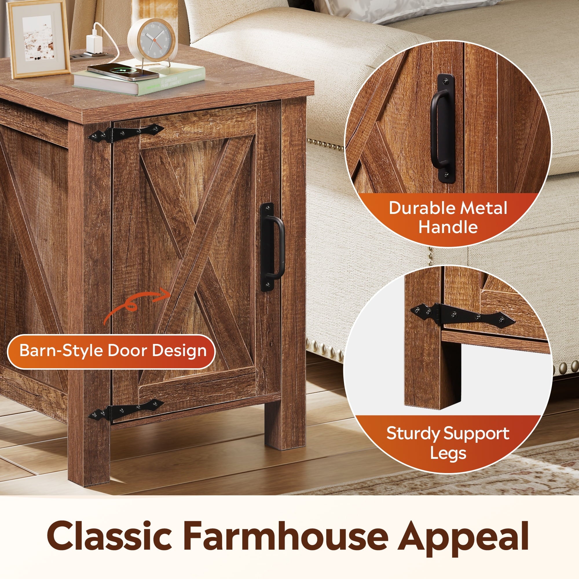 GALAXHERO Nightstand with Charging Station, Farmhouse Narrow Side Table with Barn Door, Wooden Bedside Table for Bedroom, End Tables for Living Room