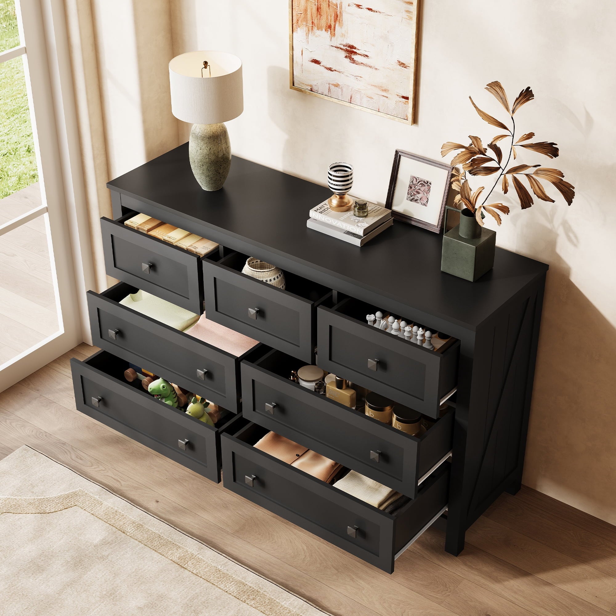GALAXHERO Farmhouse Dresser for Bedroom, 51.18'' Wide 7 Drawer Wood Dresser, TV Stand for 65 inch TV, Wooden Chest of Drawers for Bedroom, Modern Clothes Organizer for Living Room, Hallway