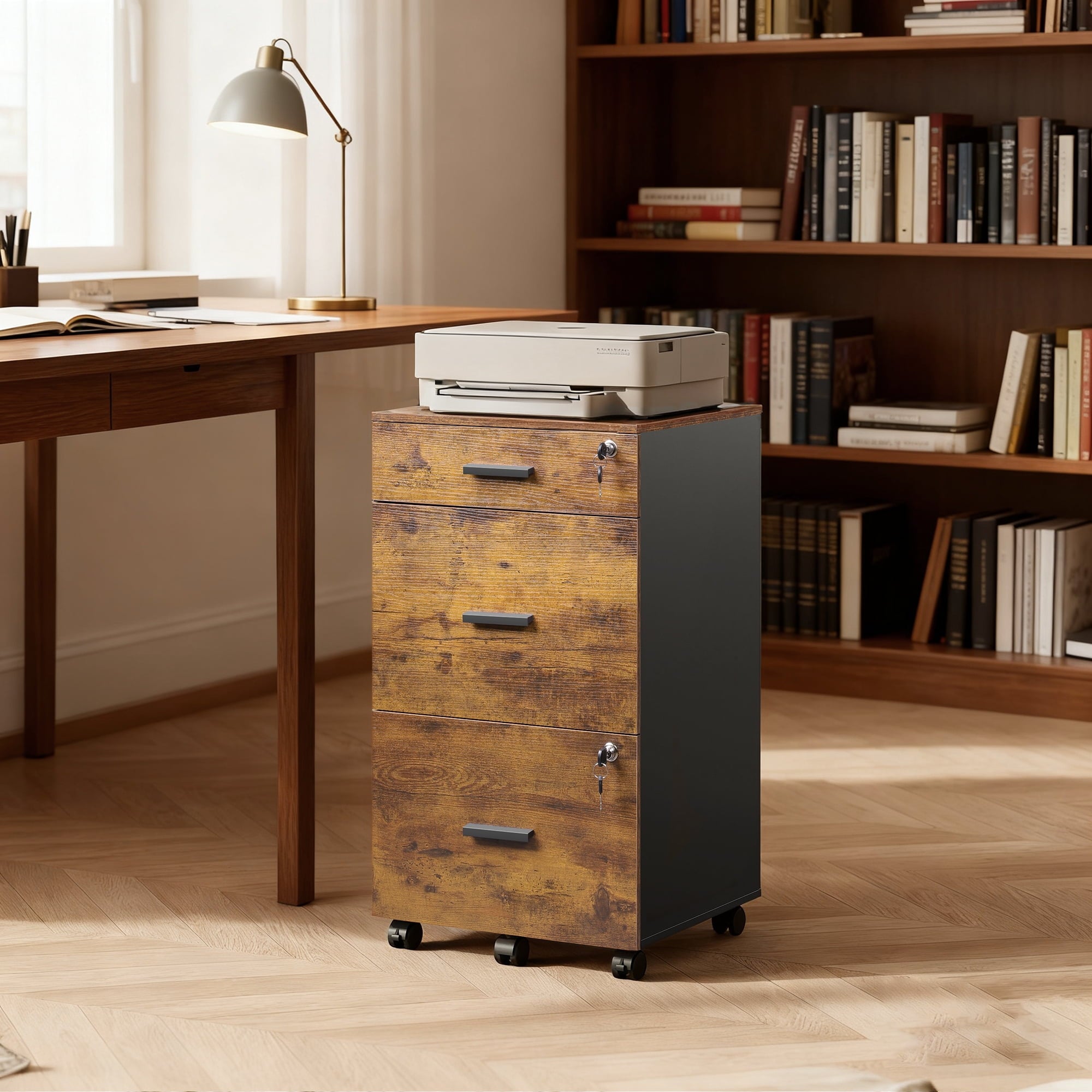 GALAXHERO Filing Cabinet with Lock and Key, 3 Drawer Rolling File Cabinet,  Wood Storage Locker, Fits Letter/A4 Size