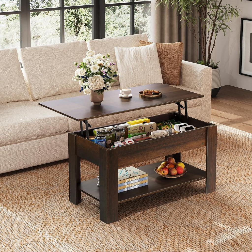 GALAXHERO 39" Lift Top Coffee Table with Storage Shelf & Hidden Compartment and Lifting Top for Home Living Room Office and Reception Room Rustic Brown