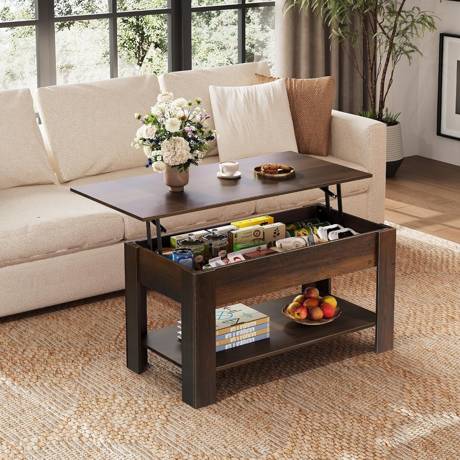 GALAXHERO 39" Lift Top Coffee Table with Storage Shelf & Hidden Compartment and Lifting Top for Home Living Room Office and Reception Room Rustic Brown