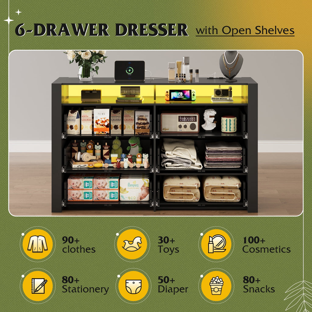 GALAXHERO 6 Drawer Dresser for Bedroom with LED Lights, Double Dresser with Charging Station, Large Wood Chest of Drawers, TV Stand for 55 inch TV for Closet, Living Room