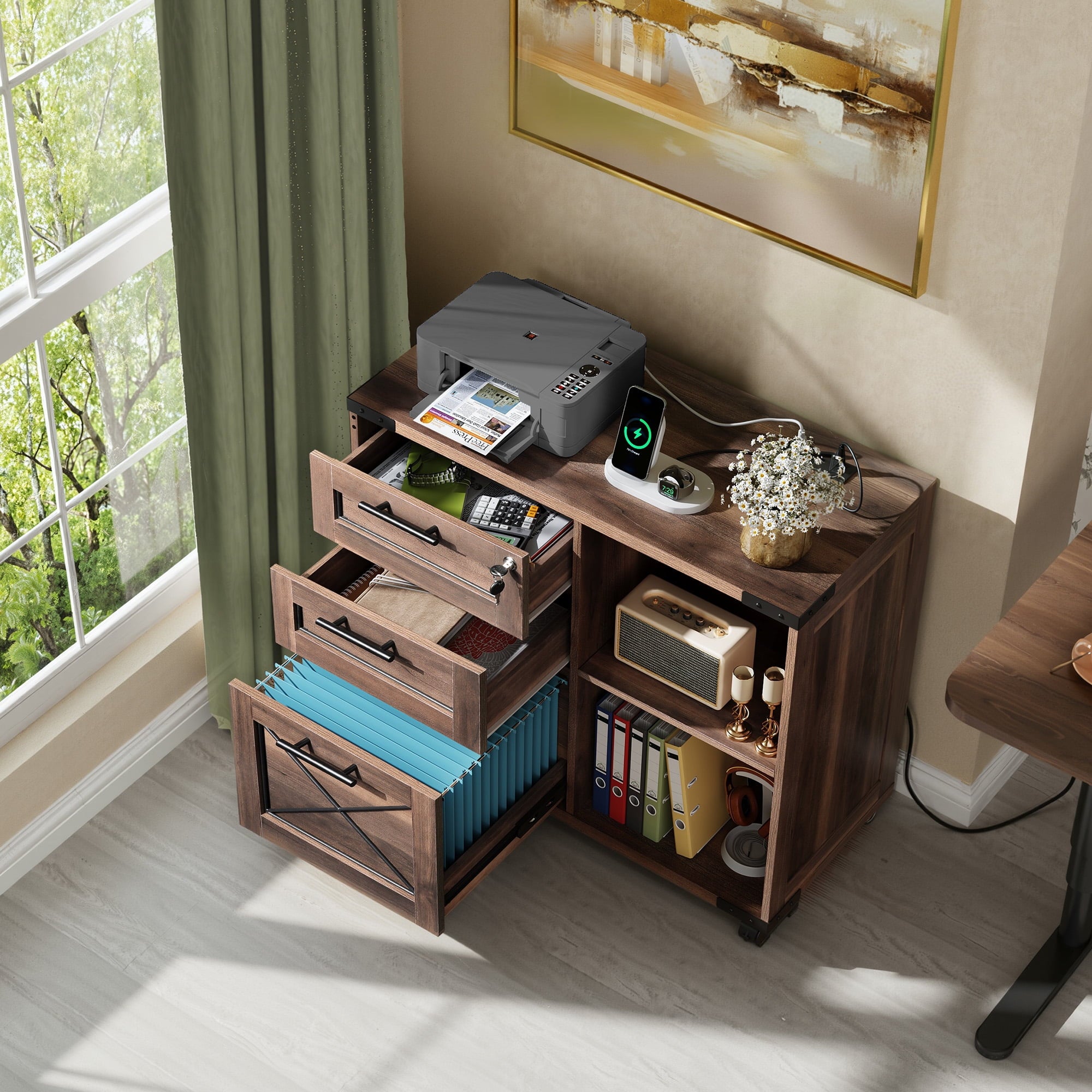 GALAXHERO 3-Drawer Locking File Cabinet, Wood Filing Cabinets with Charging Station, Rolling Printer Stand for Home Office, Dark Walnut