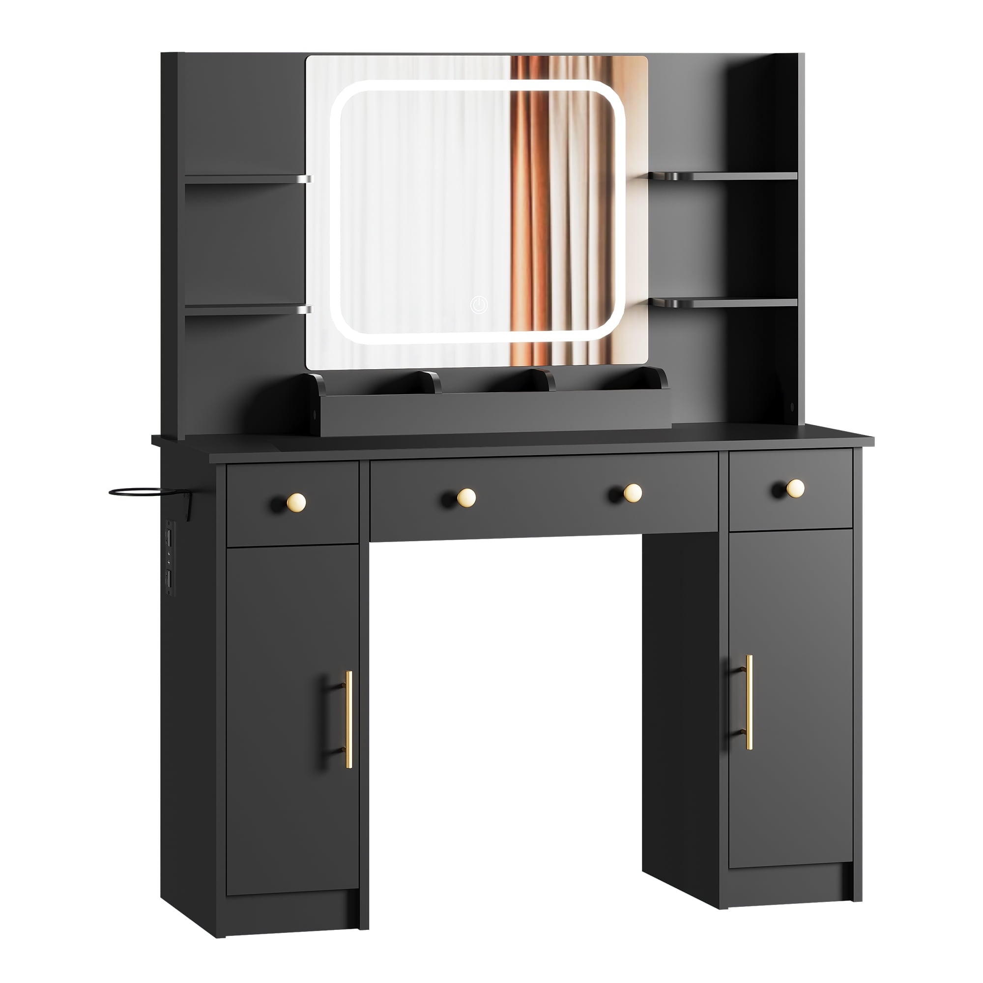 GALAXHERO White Vanity Desk with Lighted Mirror and Chair, RGB Lights, Charging Station, Makeup Table with 3 Drawers and 2 Cabinets, Vanity Stools with Storage for Bedroom