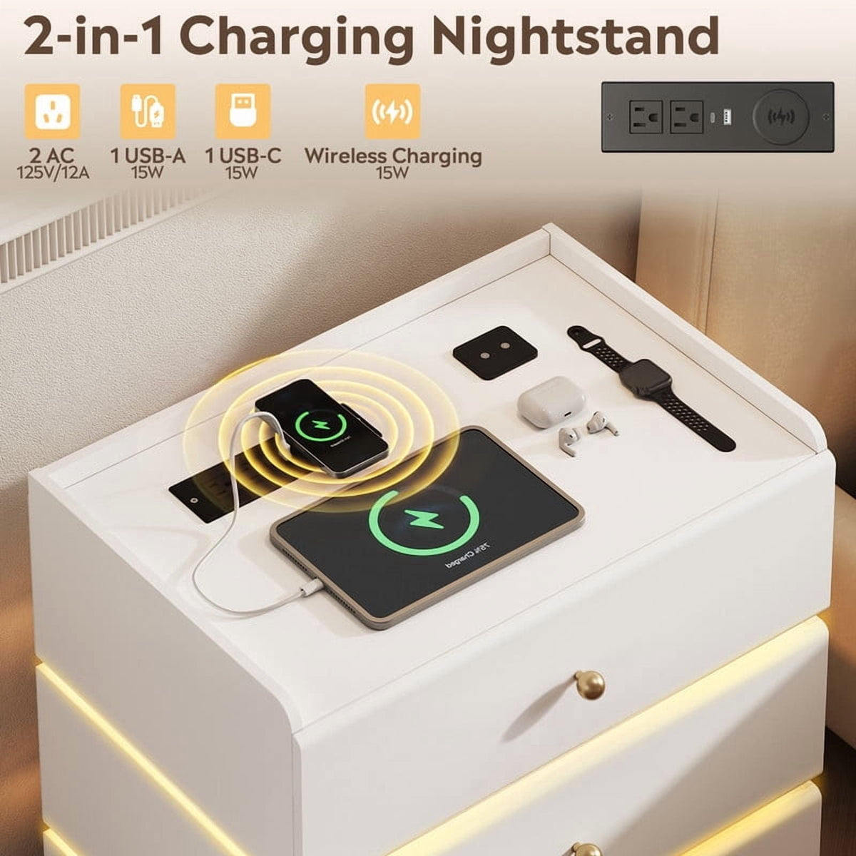 GALAXHERO Nightstand with Charging Station, Smart LED 3-Drawer Tall Bedside Table with Sensor, End Table with Wireless Charging for Bedroom Living Room Dorm