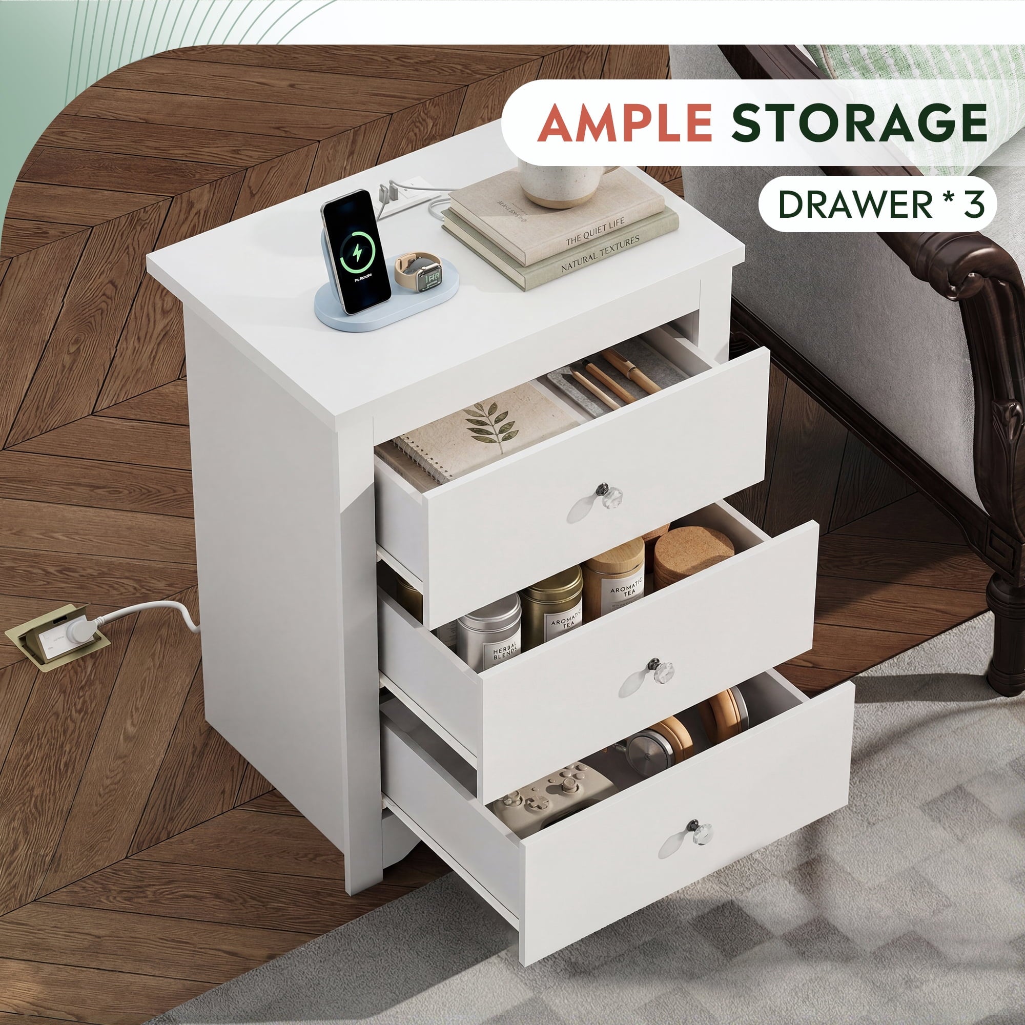 GALAXHERO Tall Nightstand with Charging Station, Nightstand with 3 Drawers, Wood Bedside Table for Bedroom, End Side Table for Living room and Dorm