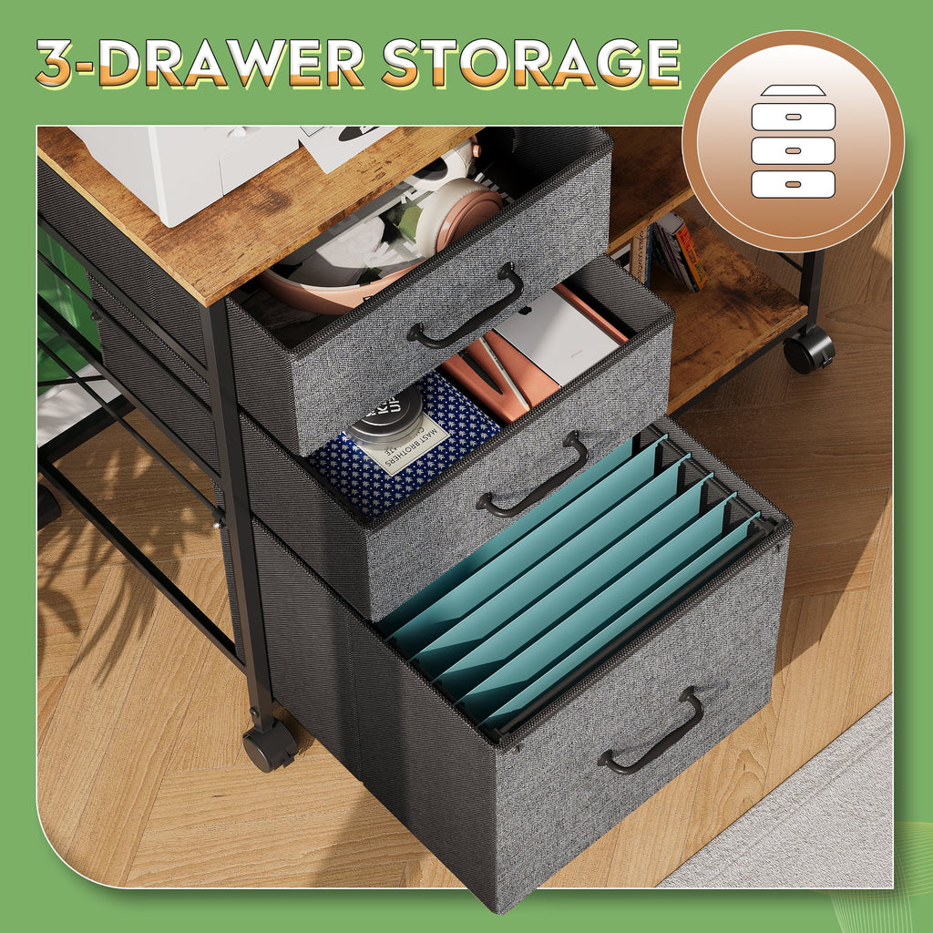GALAXHERO 3-Drawer Mobile File Cabinet with Storage Shelf, Rolling Fabric Filing Cabinet and Printer Stand