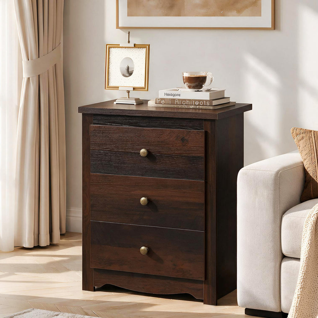 GALAXHERO Nightstand with Charging Station, 3-Drawer Tall Wood Bedside Table & End Table for Bedroom Living Room Dorm