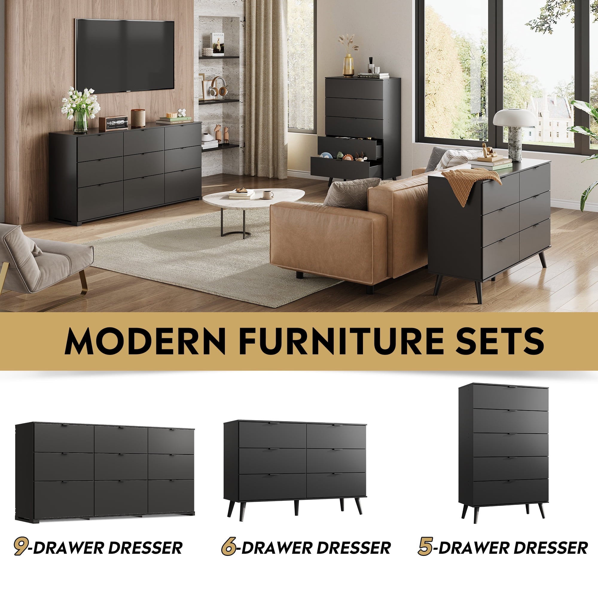 GALAXHERO 9-Drawers Dresser for Bedroom, 63" Wide Modern Dresser for Bedroom, Large Chest of Drawers with Sturdy Metal Handle, Wood Dresser for Living Room, Hallway