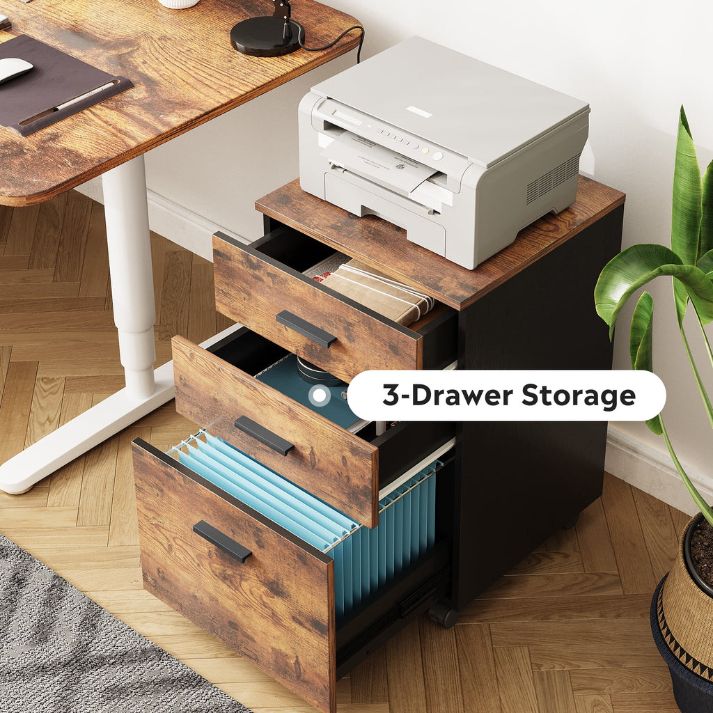 GALAXHERO 3 Drawer File Cabinet, Small Rolling Office Cabinet for Home Office, Wooden Filing Cabinet Fits Letter/A4 Size Files