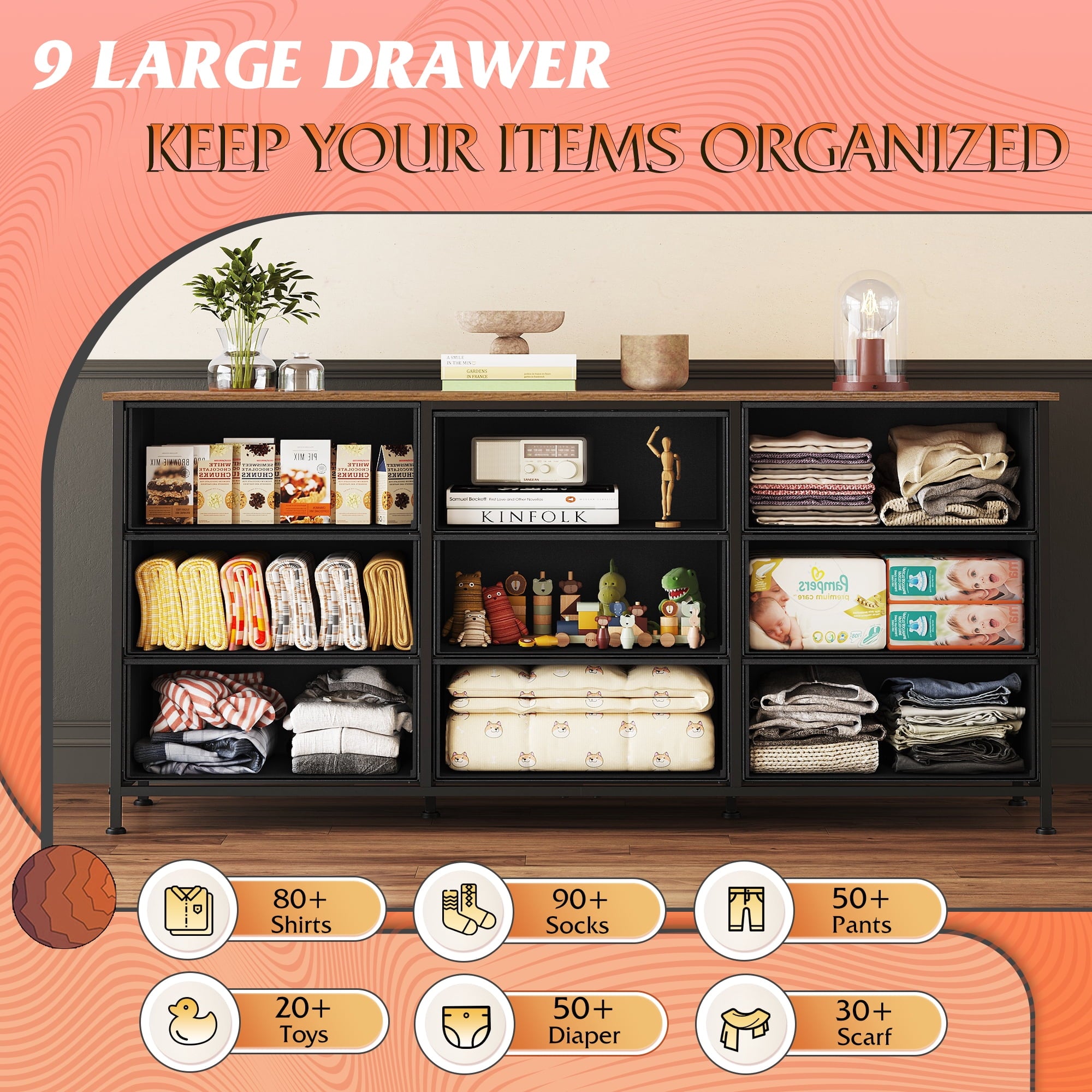 GALAXHERO 9 Drawers Dresser for Bedroom, 54''W  Fabric Dresser with Wood Top, TV Stand for 65'' TV, Wide Chest of Drawers for Closet, Living Room