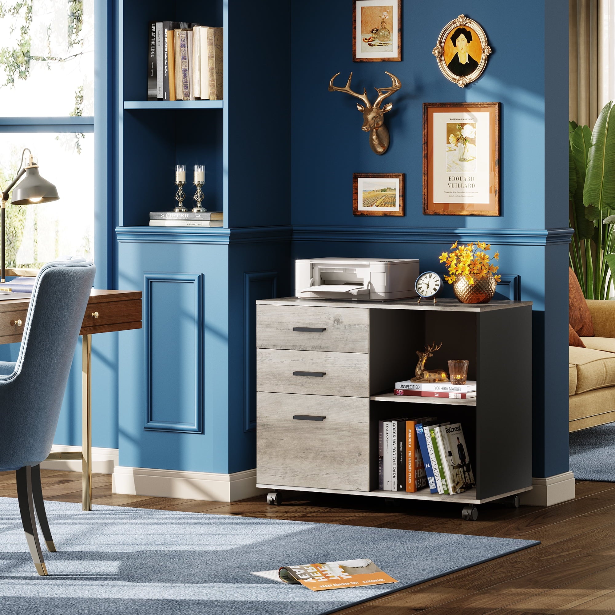 GALAXHERO 3-Drawer Filing Cabinet, Mobile Lateral File Cabinet, Printer Stand with Open Shelves, Wood Office Cabinet