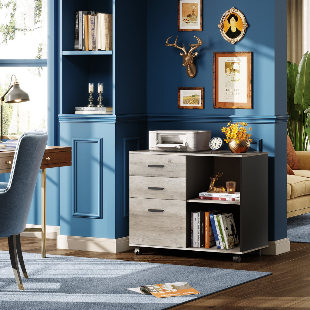 GALAXHERO 3-Drawer Filing Cabinet, Mobile Lateral File Cabinet, Printer Stand with Open Shelves, Wood Office Cabinet