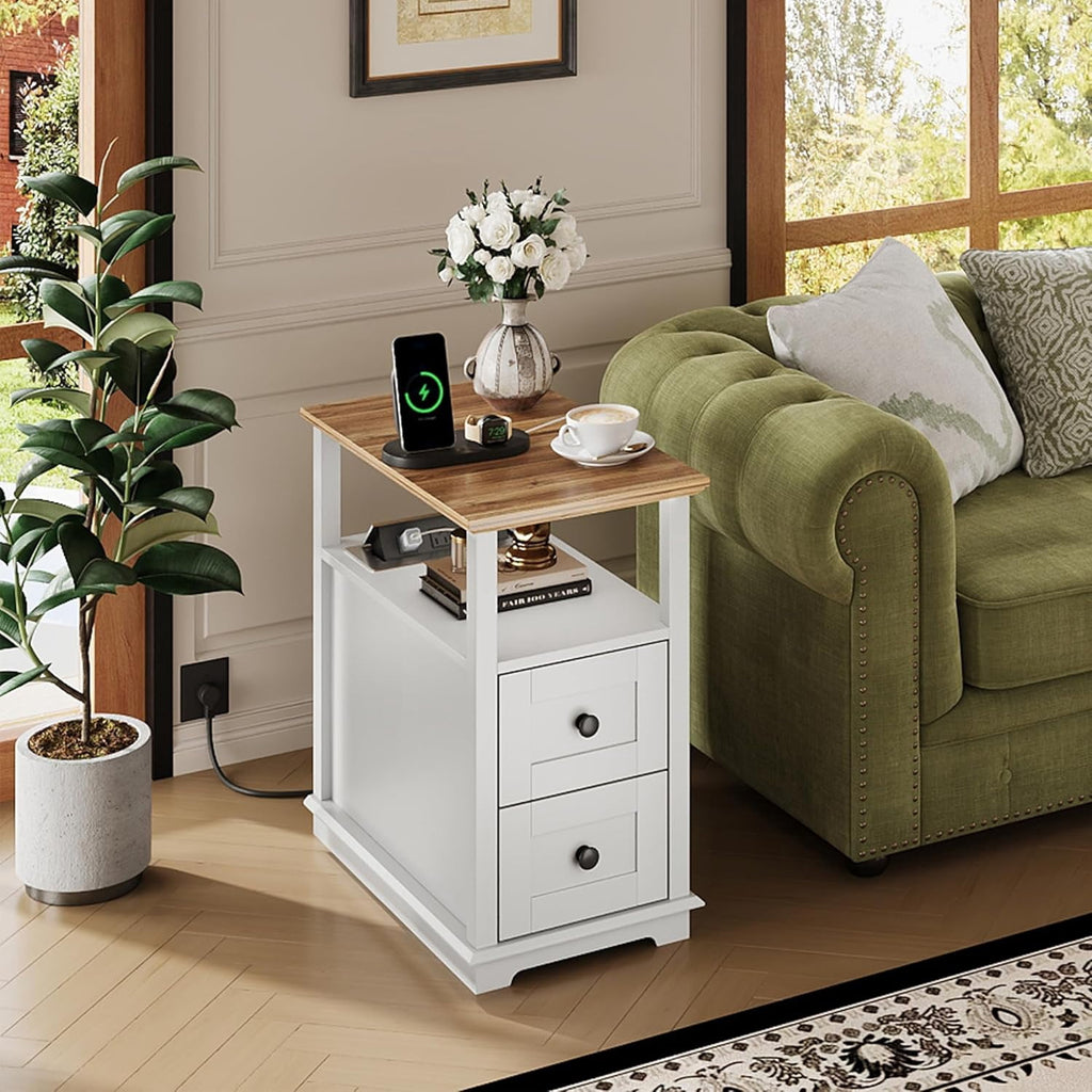 GALAXHERO Narrow Side Table with Charging Station Wooden End Table with 2 Drawers for Living Room, Bedroom, Small Space