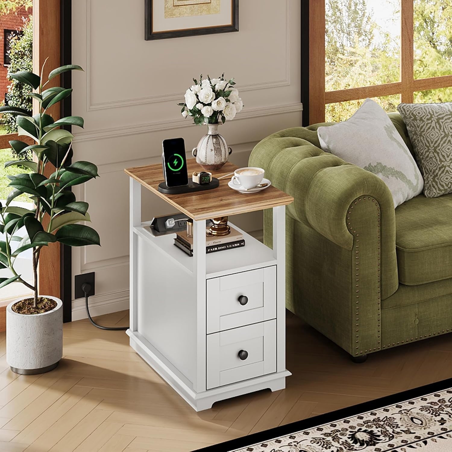 GALAXHERO Narrow Side Table with Charging Station Wooden End Table with 2 Drawers for Living Room, Bedroom, Small Space