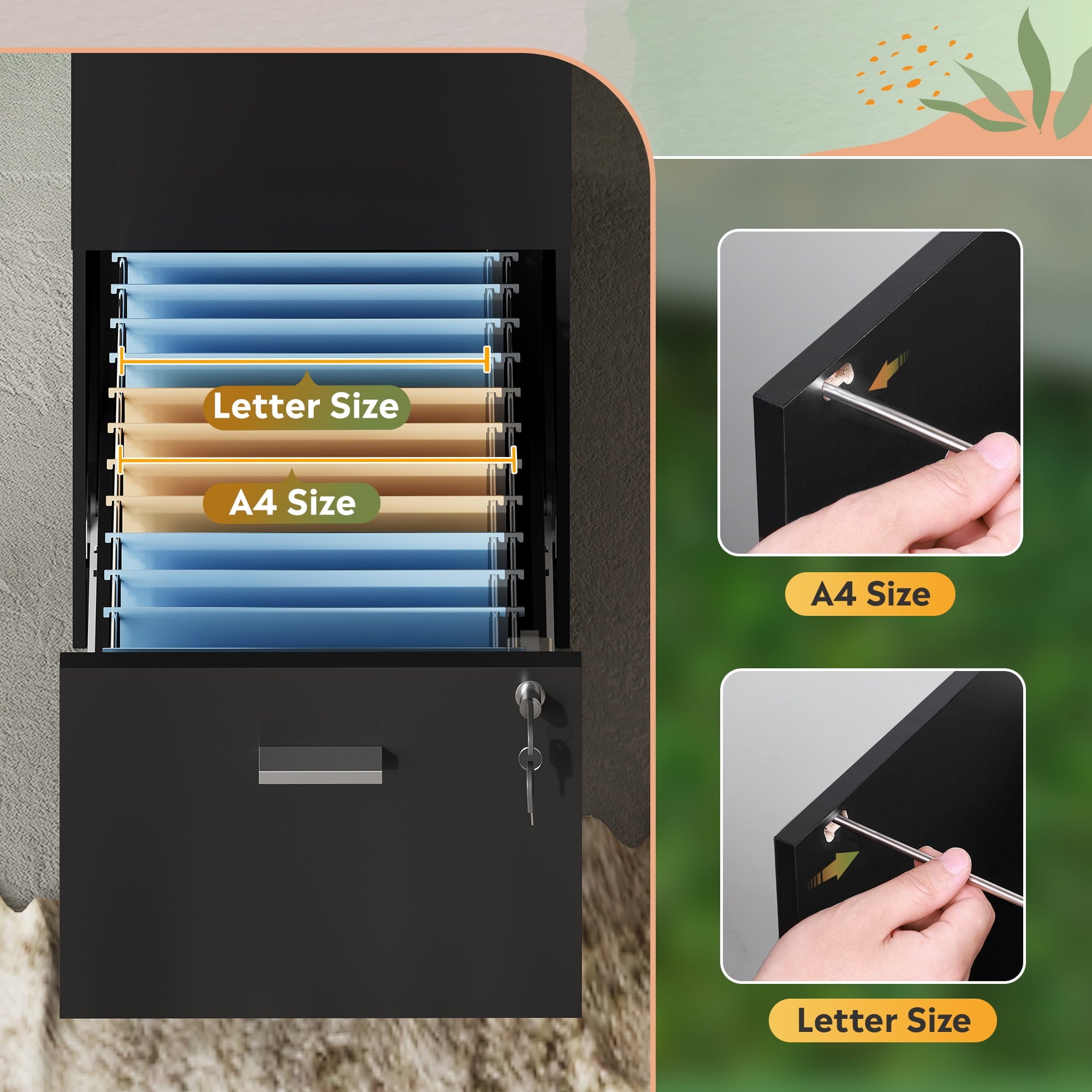 GALAXHERO 3 Drawers File Cabinets, Wood Vertical Filing Cabinet with Lock for Home Office, Letter/A4 Size