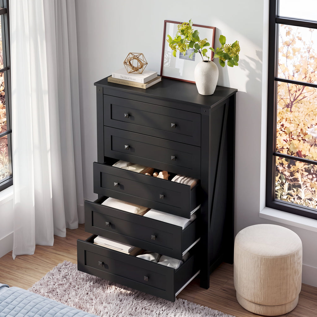GALAXHERO Farmhouse 5 Drawer Dresser,Tall Dresser with Double Rustic Handles, Wood Chest of Drawers for Bedroom, Living Room, Hallway