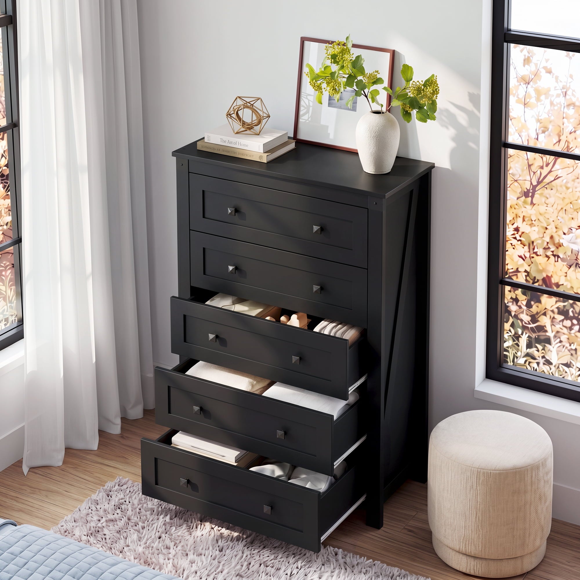 GALAXHERO Farmhouse 5 Drawer Dresser,Tall Dresser with Double Rustic Handles, Wood Chest of Drawers for Bedroom, Living Room, Hallway