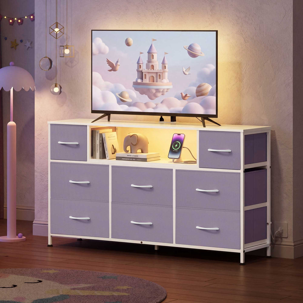 GALAXHERO 8-Drawer Dressers for Bedroom, Dresser TV Stand for 55'' TV with LED Lights and Power Outlets, Fabric Chest of Drawers for Living Room, Entryway