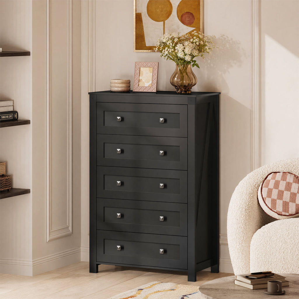 GALAXHERO Farmhouse 5 Drawer Dresser, Tall Dresser with Double Rustic Handles, Wood Chest of Drawers for Bedroom, Living Room, Hallway