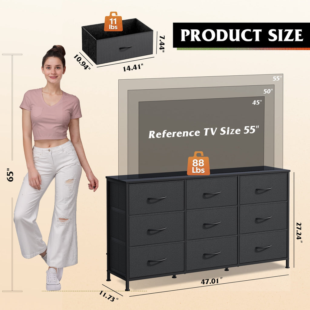 GALAXHERO Fabric Dresser for Bedroom, 9 Drawers Dresser with Wood Top, TV Stand for 55'' TV,  Chest of Drawers for Closet, Living Room,  47''W