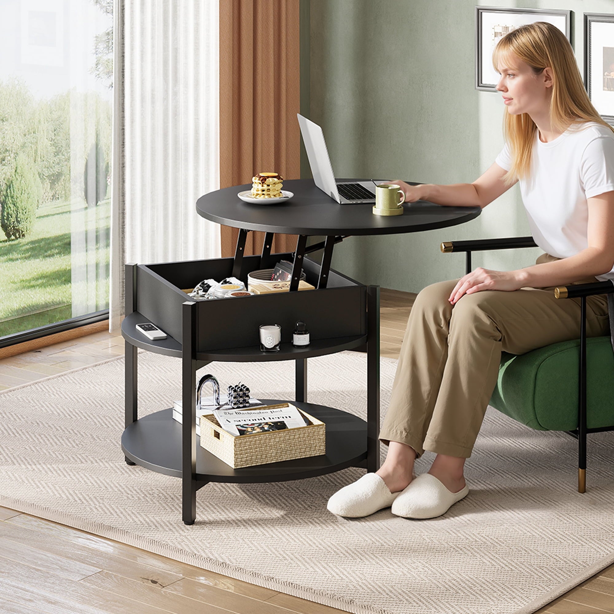 GALAXHERO Round Lift Top Coffee Table with Hidden Compartment and Storage Shelf, Farmhouse Small Coffee Table with 2 Tier for Living Room