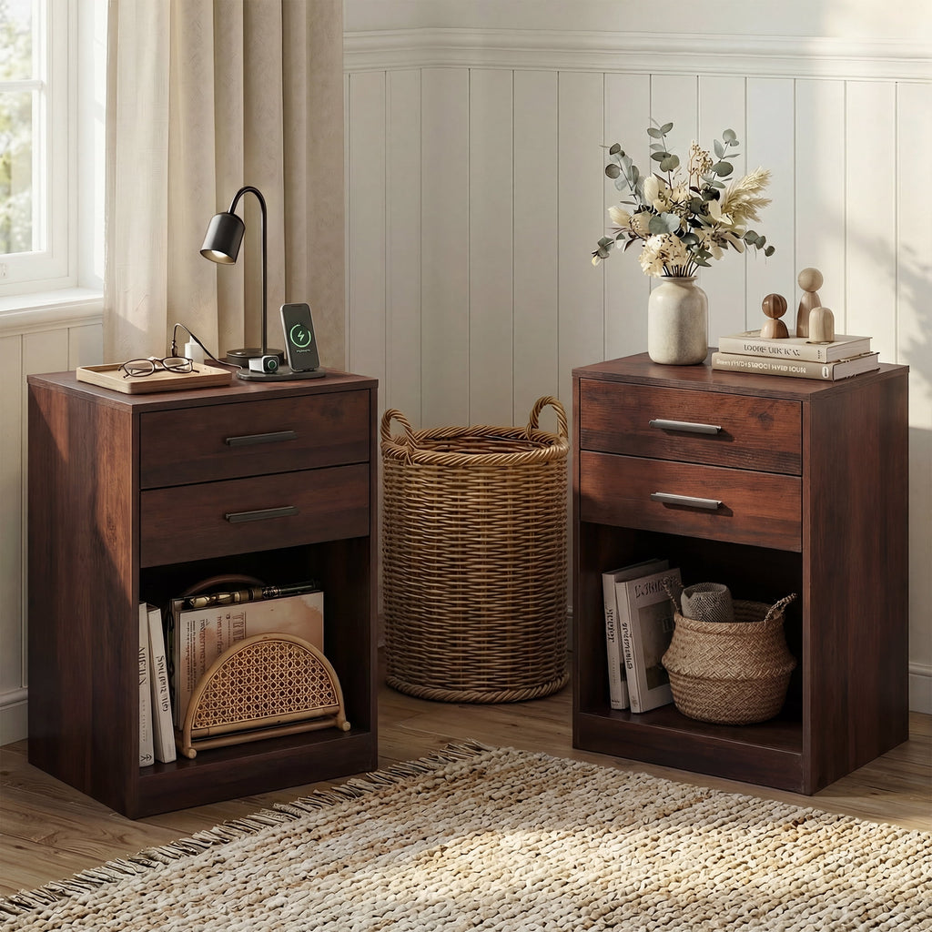 GALAXHERO Nightstand Set of 2 with Charging Station and 2 Drawers, Wood Bedside Table End Table with Open Shelf for Bedroom, Living Room