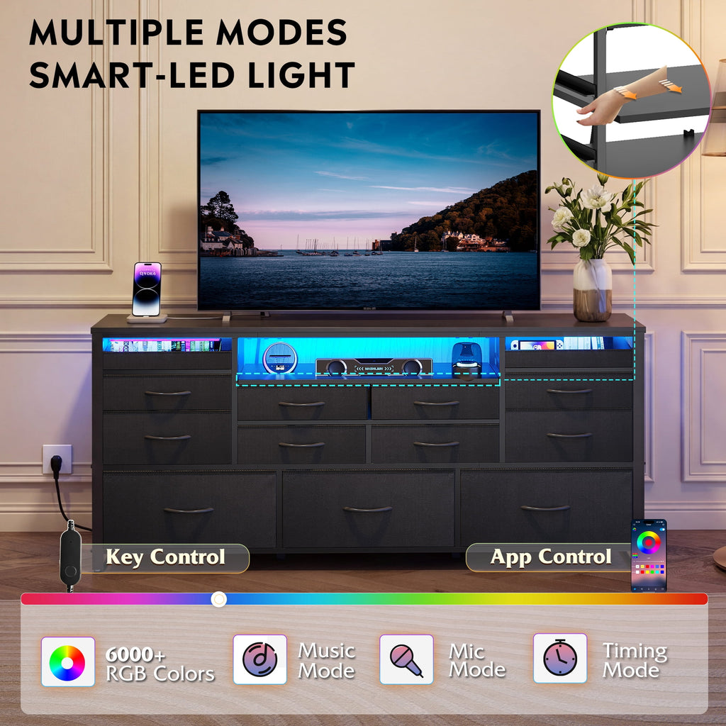 GALAXHERO 13 Drawers Dresser for Bedroom, TV Stand for 65'' TV with LED Lights, Entertainment Center with Charging Station, Fabric Chest of Drawers for Living Room, Entryway