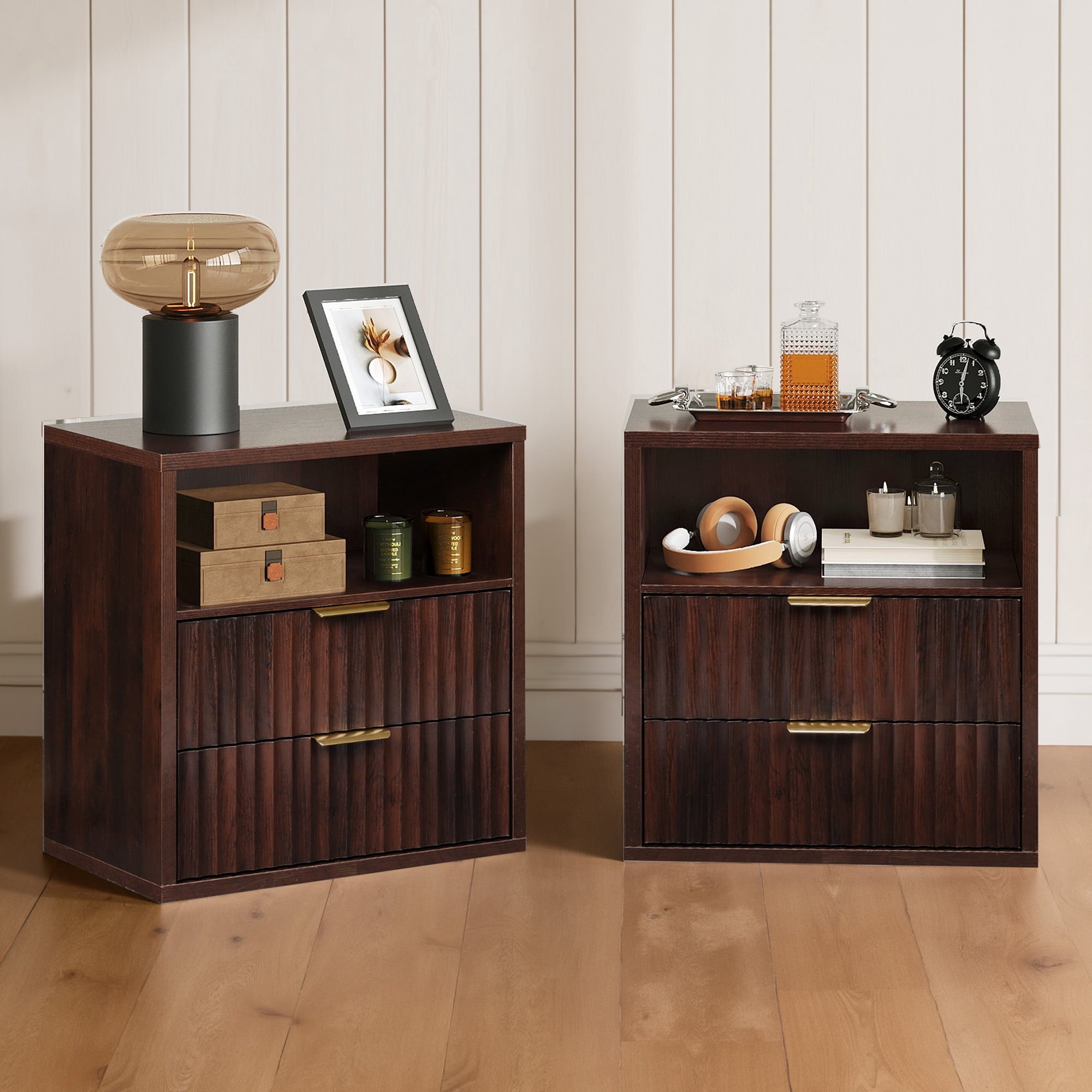 GALAXHERO 2 Drawer Nightstand, Wood Fluted End Table with Open Shelf, Mid Century Modern Bedside Tables for Bedroom, Living Room
