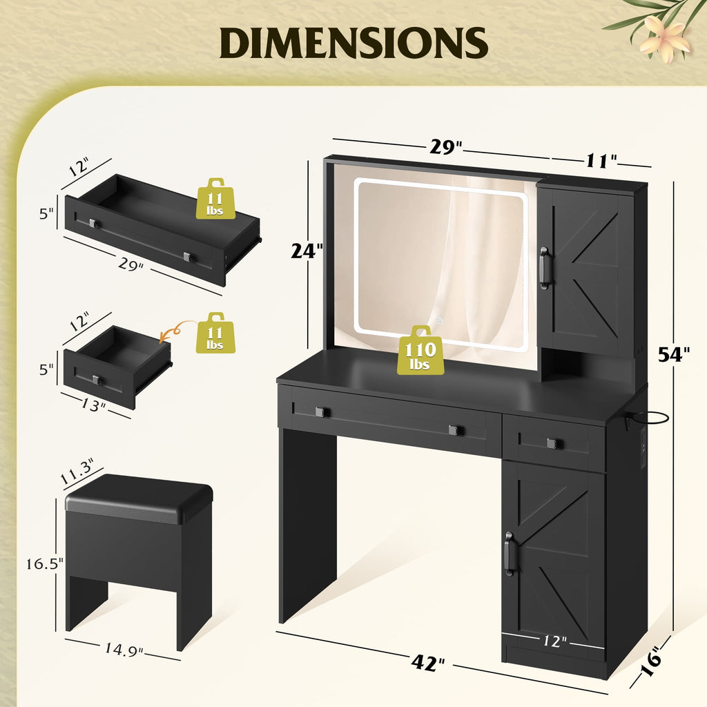 GALAXHERO Farmhouse Vanity Desk, Makeup Table Set with Mirror and Lights, Dressing Table with 2 Drawers and 2 Cabinets, Hair Dryer Holder for Bedroom