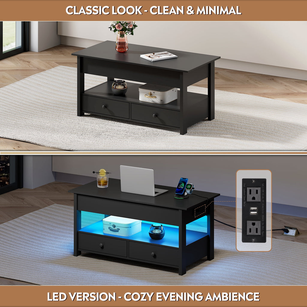 GALAXHERO Lift Top Coffee Table for Living Room Table with 2 Drawers & LED Light & Large Storage and Open Shelf