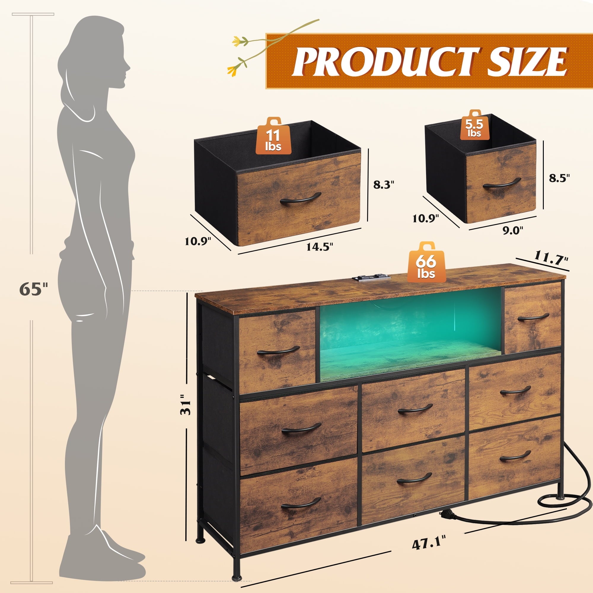 GALAXHERO 8-Drawer Fabric Dresser with Charging Station and LED Lights, TV Stand for 55-Inch TV, Storage Chest with Open Shelves for Bedroom, Living Room, Closet