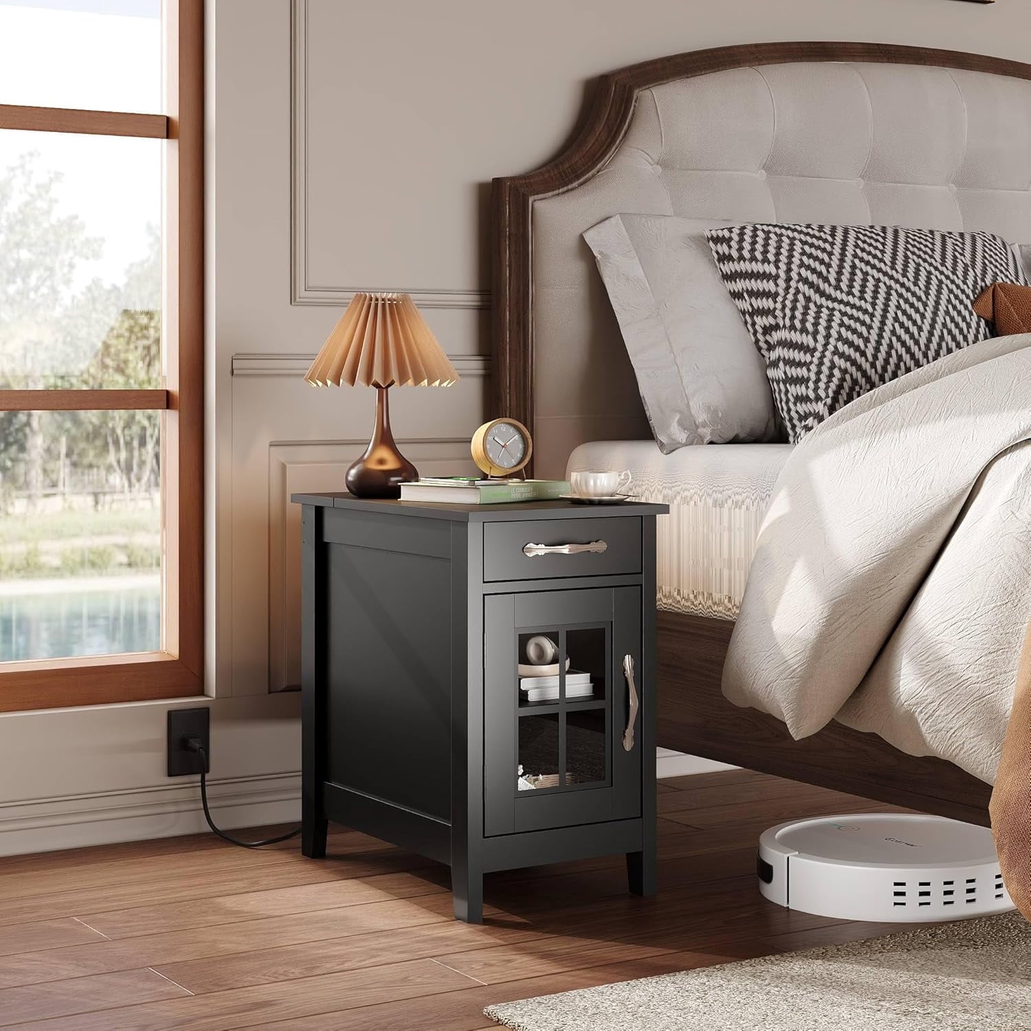 GALAXHERO End Table with Charging Station Narrow Side Table for Living Room with Storage, Small Wooden Cabinet Nightstand with USB Ports and Outlets