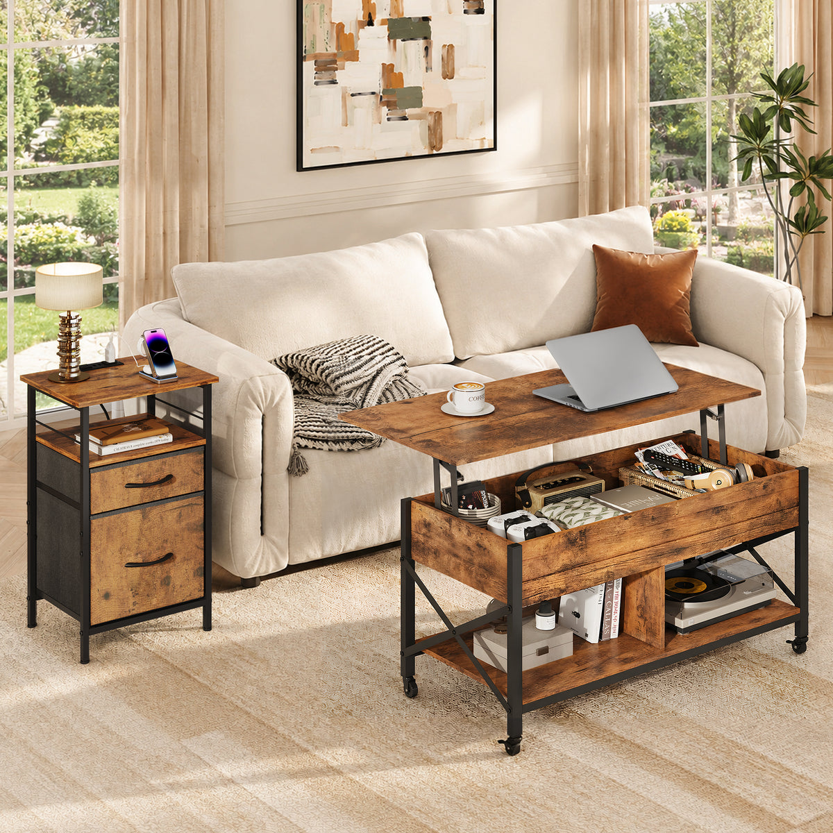 GALAXHERO Nightstands Set of 2, Bed Side Table with Charging Station, End Table with 2 Fabric Drawers for Bedroom, Closet, Dorm