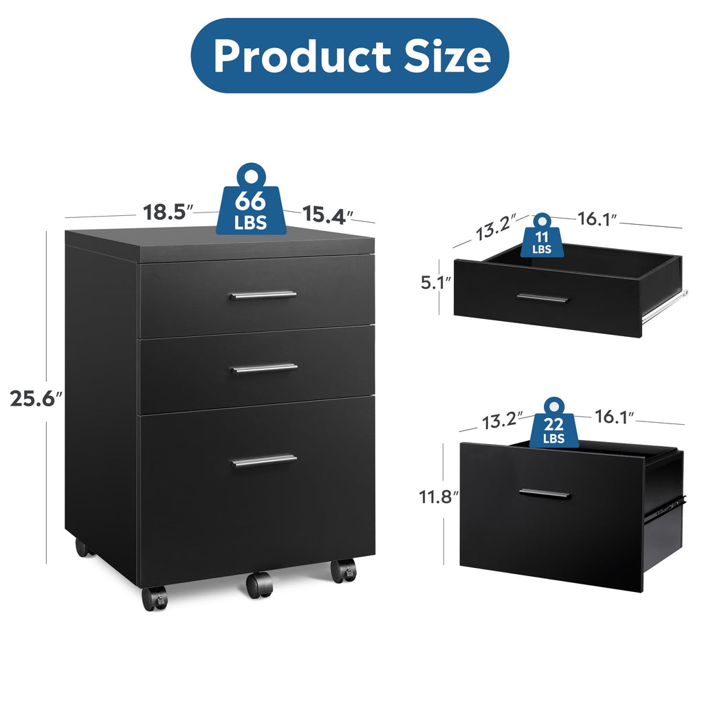 GALAXHERO 3 Drawer Storage Cabinet, Wood Rolling File Cabinet with Whells, Printer Stand Filing Cabinet for Home Office, Fit Letter/A4/Legal