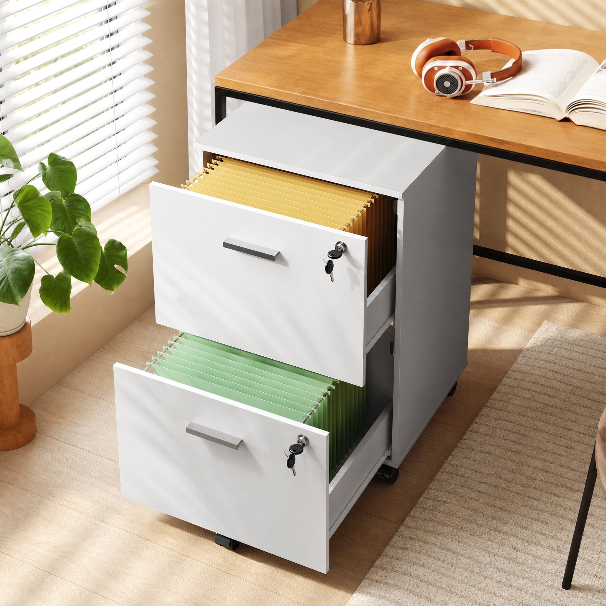 GALAXHERO 2 Drawer Filing Cabinet with Lock, Wooden Printer Stand with Storage for Home Office, Mobile Locking File Cabinet Fits Letter/A4 Hanging Files