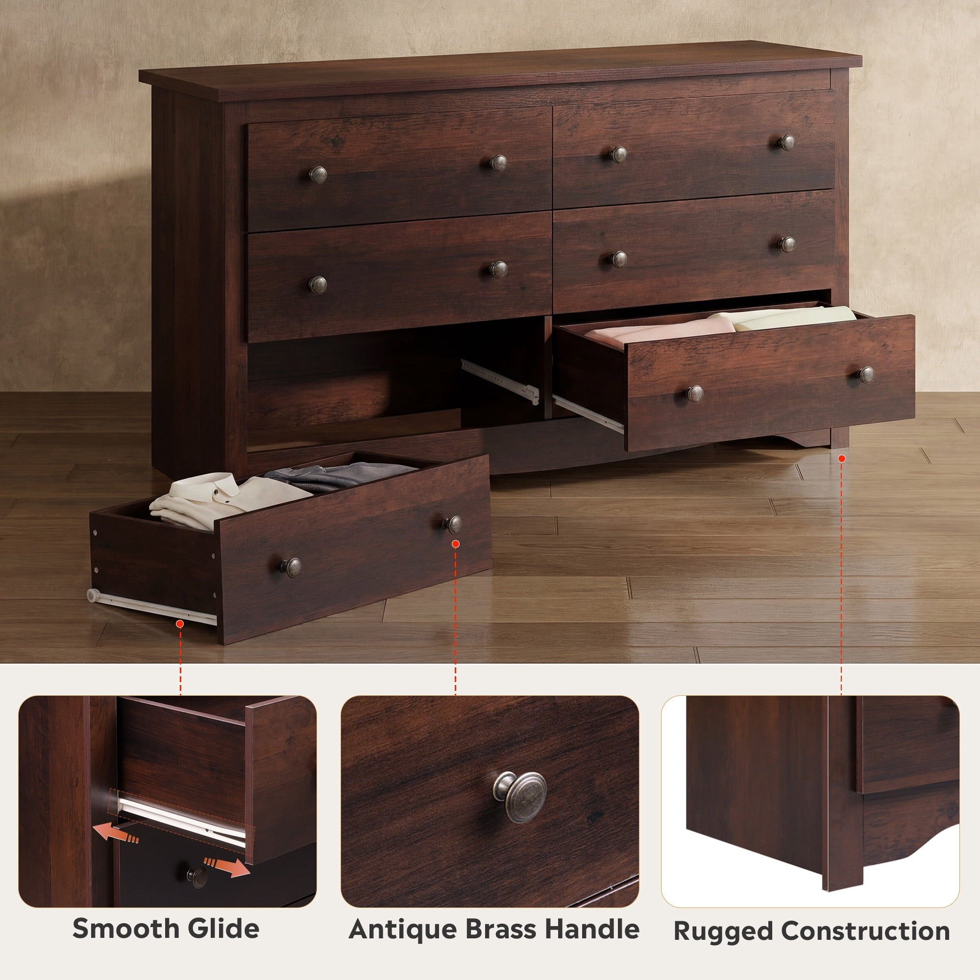 GALAXHERO Modern Wood Dresser with 6 Drawers – Wide Storage Chest for Bedroom, Living Roomloset, Hallway – Large Organizer Nightstand Unit, 59”W