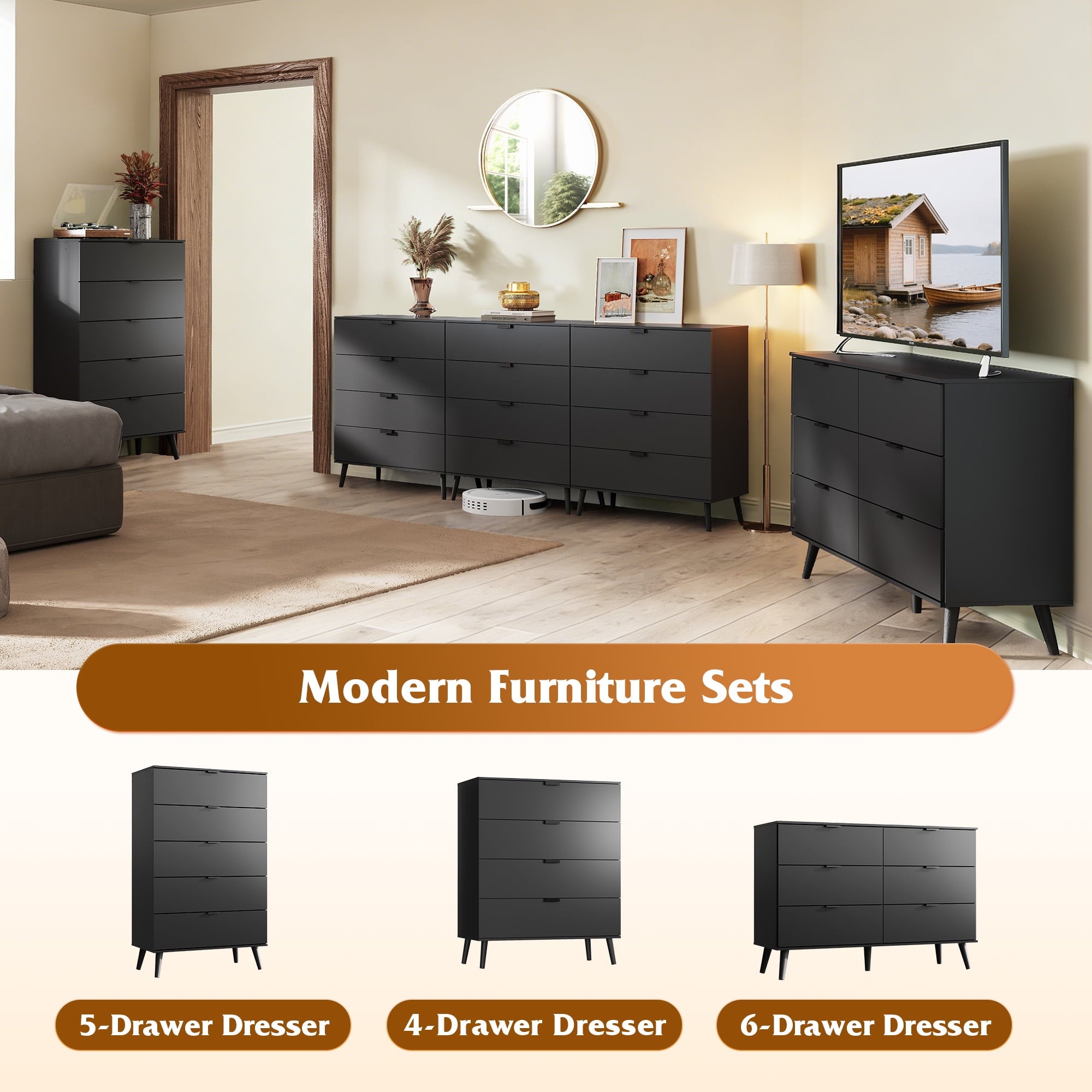 GALAXHERO 6 Drawer Wood Dresser, 47.2" Wide Chest of Drawer with Metal Handles, TV Stand for 55" TV, Double Dresser for Bedroom, Living Room, Hallway, Closet