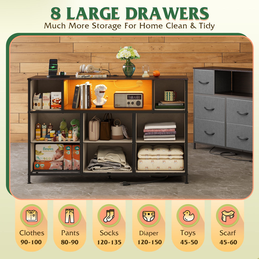 GALAXHERO 8-Drawer Dressers for Bedroom, Dresser TV Stand for 55'' TV with LED Lights and Power Outlets, Fabric Chest of Drawers for Living Room, Entryway