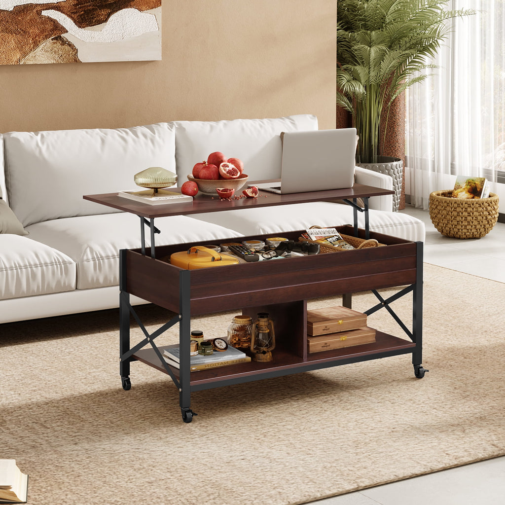 GALAXHERO Coffee Table, 41.3" Lift Top Coffee Table with 4 Wheels, Hidden Compartment, Storage Shelf and Lift Tabletop for Living Room, Reception Room
