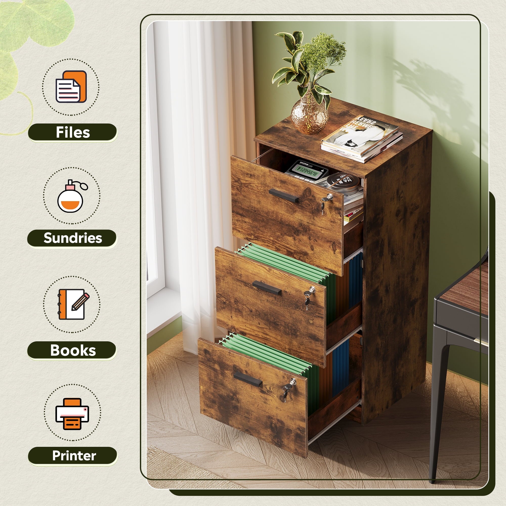 GALAXHERO 3 Drawers File Cabinets, Vertical Filing Cabinet with 3 Locks for Home Office, Wood Office Printer Stand for Letter/A4 Size