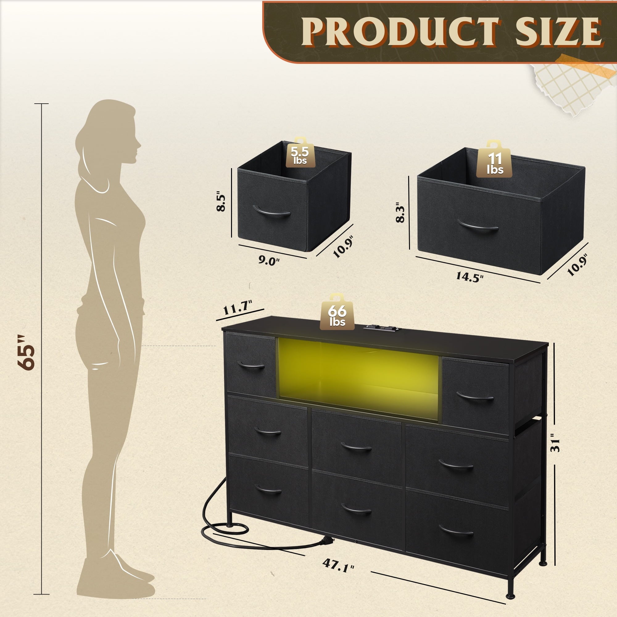 GALAXHERO 8-Drawer Dressers for Bedroom, Dresser TV Stand for 55'' TV with LED Lights and Power Outlets, Fabric Chest of Drawers for Living Room, Entryway