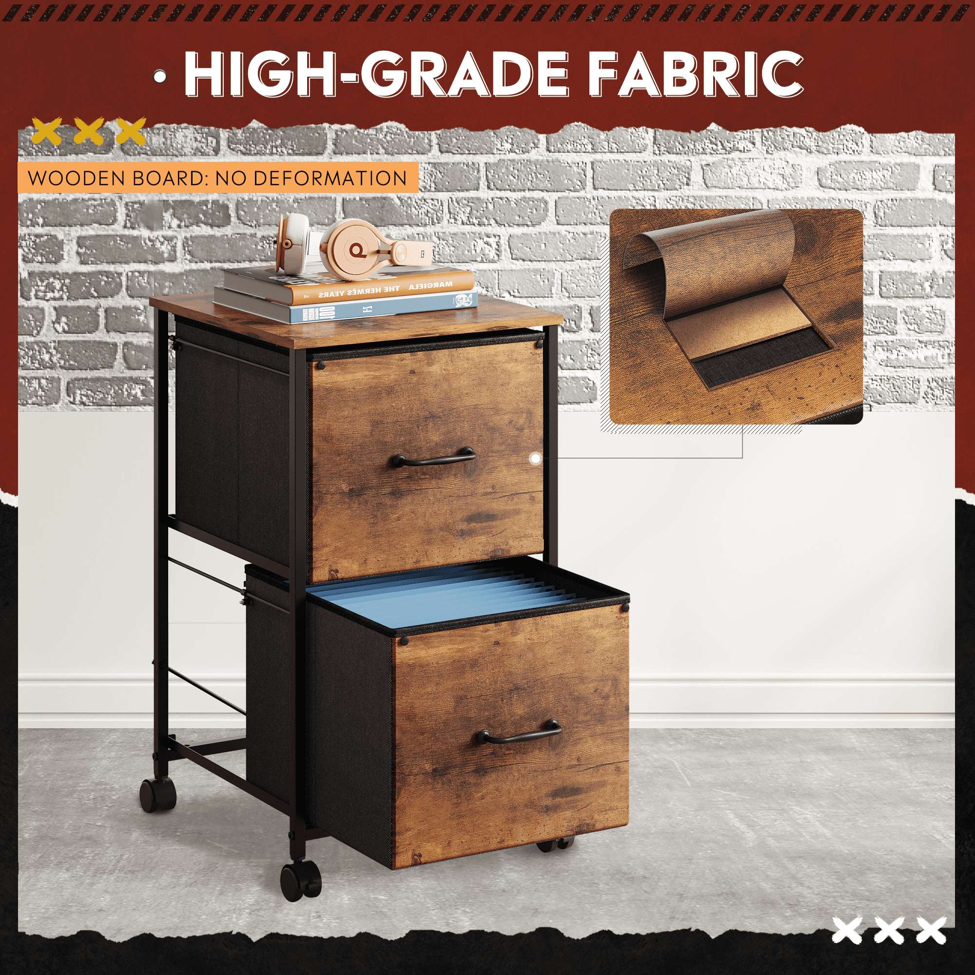 GALAXHERO 2 Drawer File Cabinet, Rolling Printer Stand Filing Cabinets for Home Office, Fabric Vertical File Cabinet Fits A4 or Letter Size, Wood Grain Print
