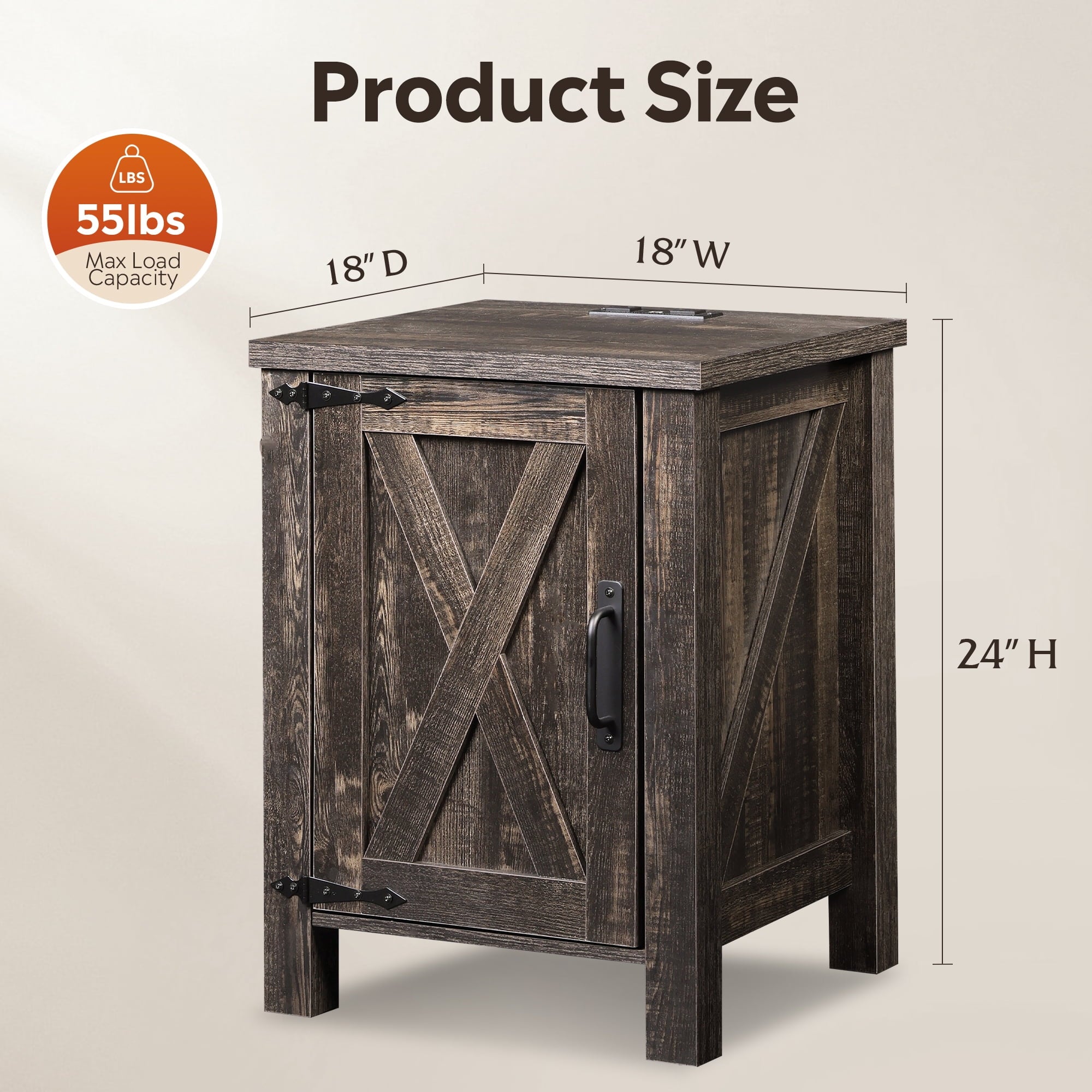 GALAXHERO Nightstand with Charging Station, Farmhouse Narrow Side Table with Barn Door, Wooden Bedside Table for Bedroom, End Tables for Living Room