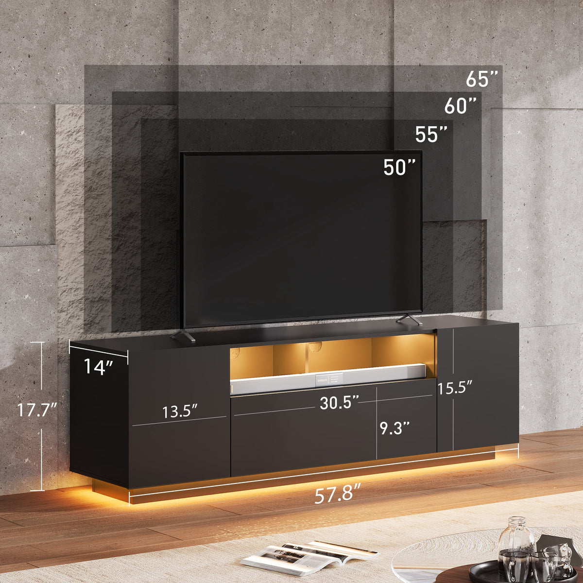 GALAXHERO  TV Stand for TVs up to 65”, Entertainment Center with LED Lights & Drawer, Modern TV Console with Storage for Living Room Bedroom