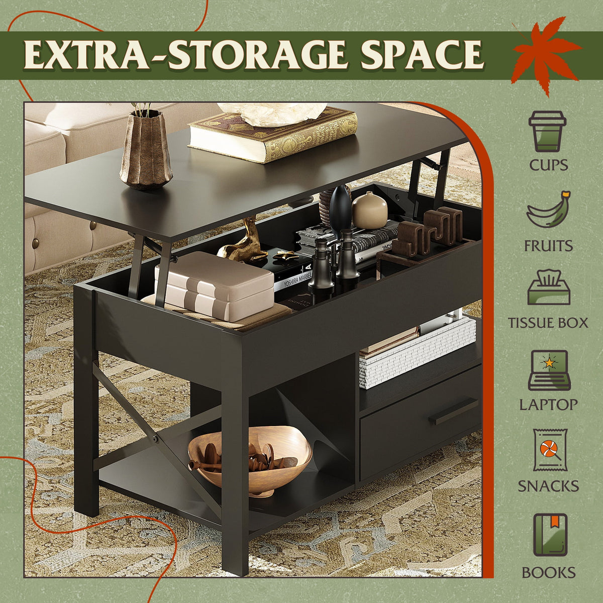 GALAXHERO Coffee Table, 39" Lift Top Coffee Table with Hidden Compartment, Storage Drawers and Storage Shelf for Living Room, Reception Room