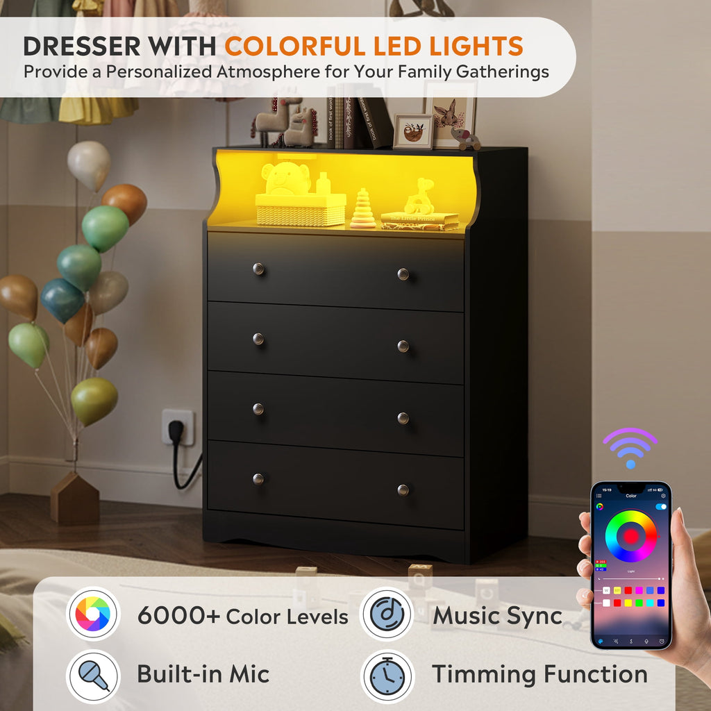 GALAXHERO 4 Drawers Dresser for Bedroom, Tall  Dressers with LED Open Shelf, Modern Chest of Drawers with Charging Station, Wood Closet Clothes Organizer Storage Cabinet