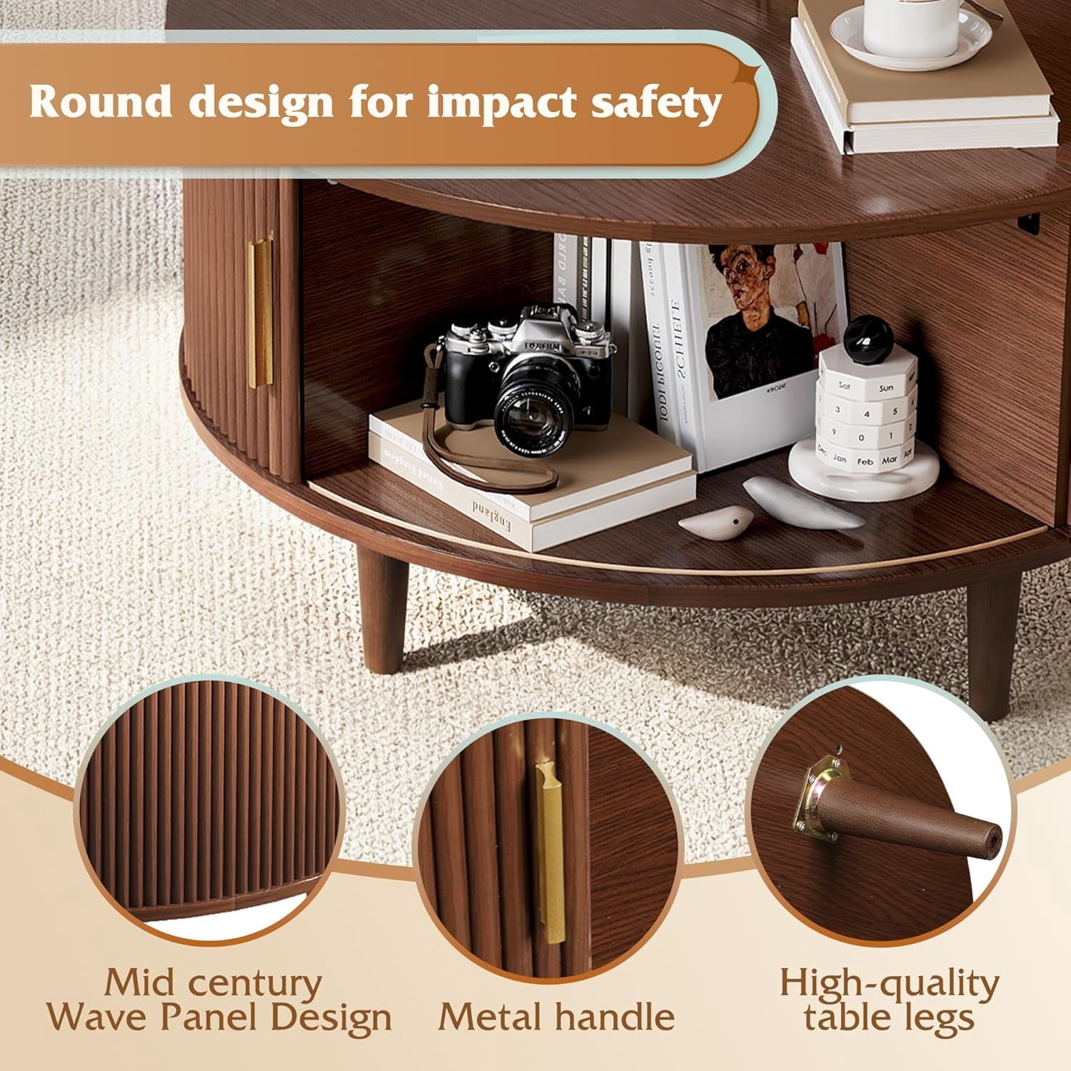 GALAXHERO Coffee Table, 31.5" Round Coffee Tables with Storage and Sliding Cabinet Door, Mid Century Modern Fluted Center Table for Living Room, Small Space
